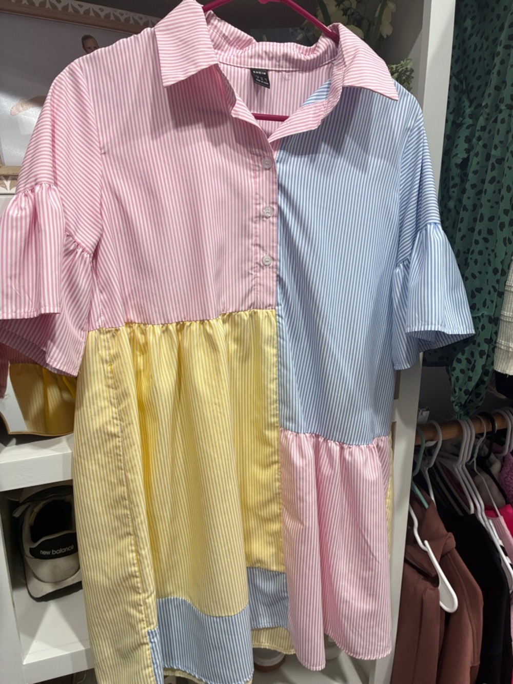 SHEIN Pink, Blue & Yellow Colorblock Midi Shirt Dress